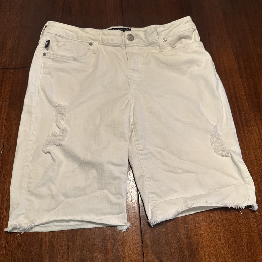 Rock & Republic Kristy White Denim Shorts‎ 14 Distressed Raw Hem Stretch